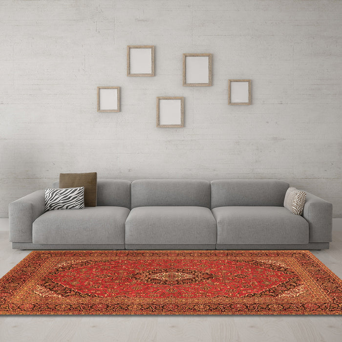 Machine Washable Medallion Orange Traditional Area Rugs in a Living Room, wshtr1152org