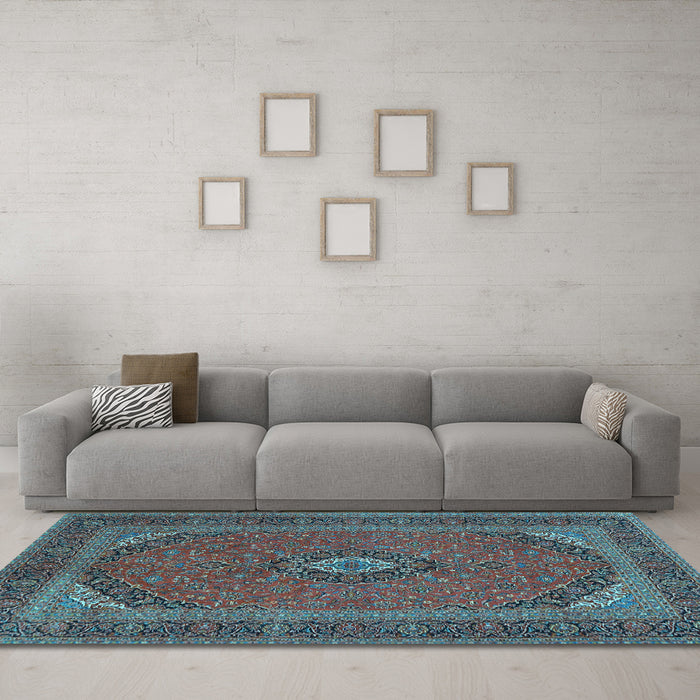 Machine Washable Medallion Light Blue Traditional Rug in a Living Room, wshtr1152lblu