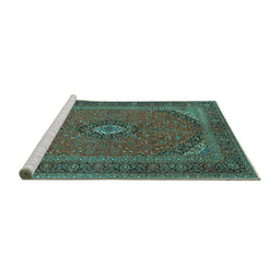 Sideview of Machine Washable Medallion Turquoise Traditional Area Rugs, wshtr1152turq