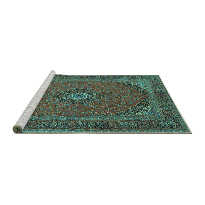Sideview of Machine Washable Medallion Turquoise Traditional Area Rugs, wshtr1152turq