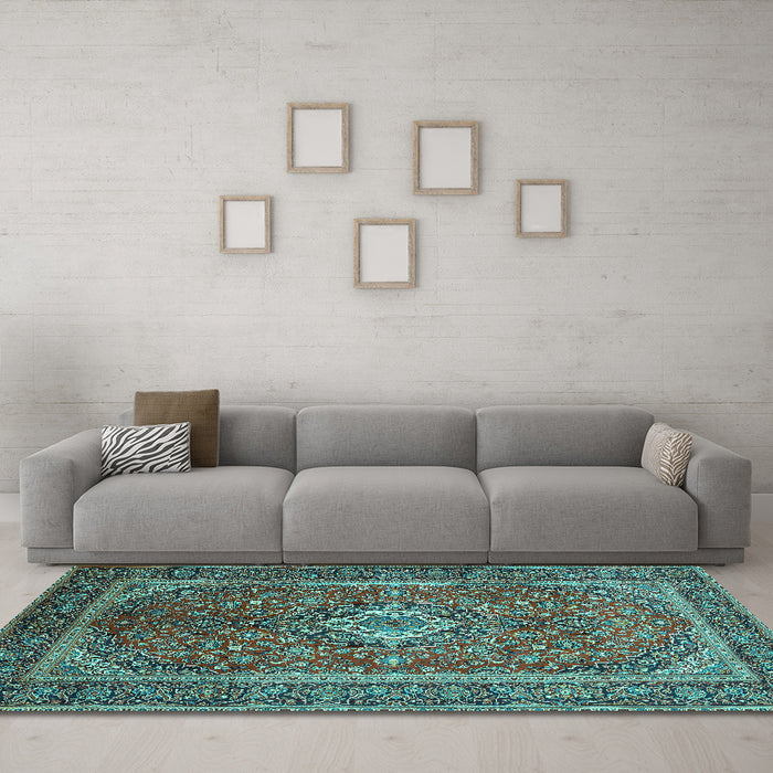 Machine Washable Persian Turquoise Traditional Area Rugs in a Living Room,, wshtr1153turq