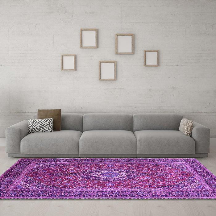 Machine Washable Persian Purple Traditional Area Rugs in a Living Room, wshtr1153pur