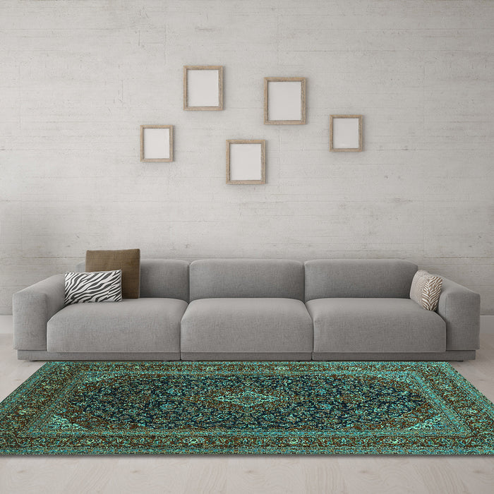 Machine Washable Persian Turquoise Traditional Area Rugs in a Living Room,, wshtr1154turq