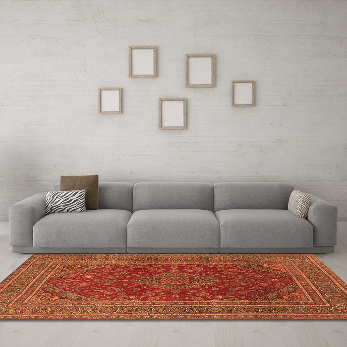 Machine Washable Medallion Orange Traditional Area Rugs in a Living Room, wshtr1156org