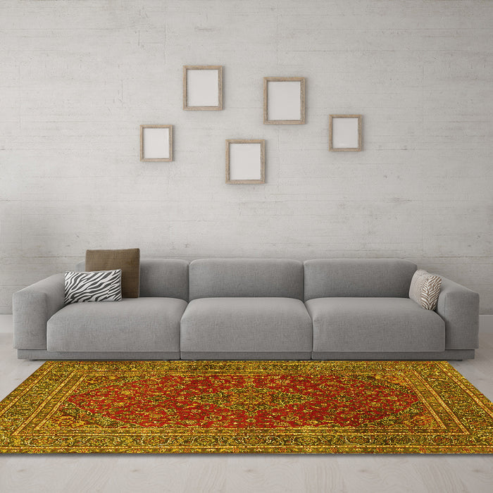 Machine Washable Medallion Yellow Traditional Rug in a Living Room, wshtr1156yw