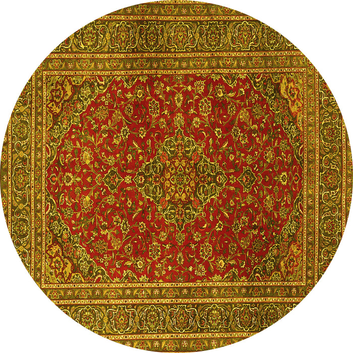 Round Machine Washable Medallion Yellow Traditional Rug, wshtr1156yw