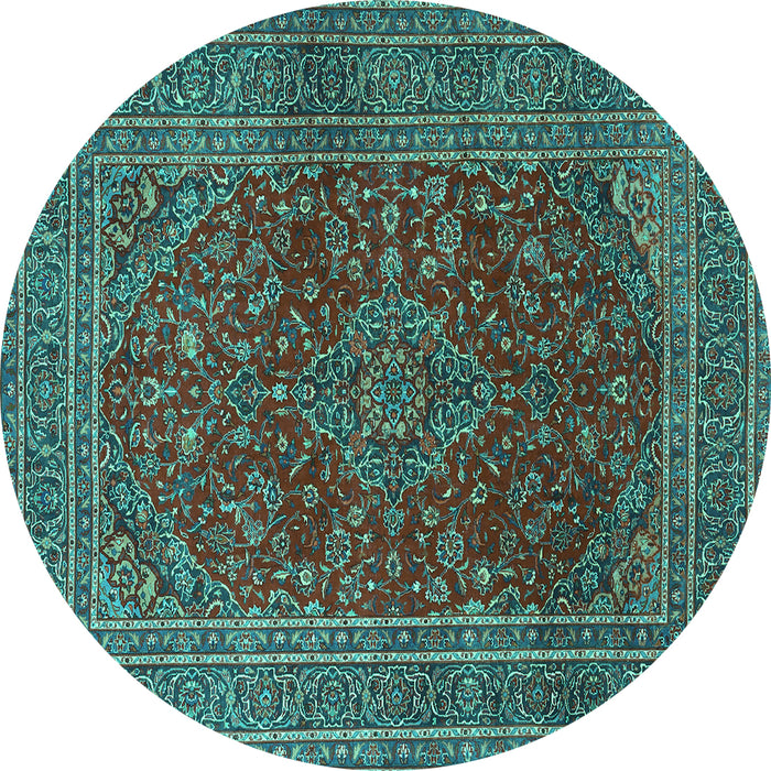 Round Machine Washable Medallion Turquoise Traditional Area Rugs, wshtr1156turq