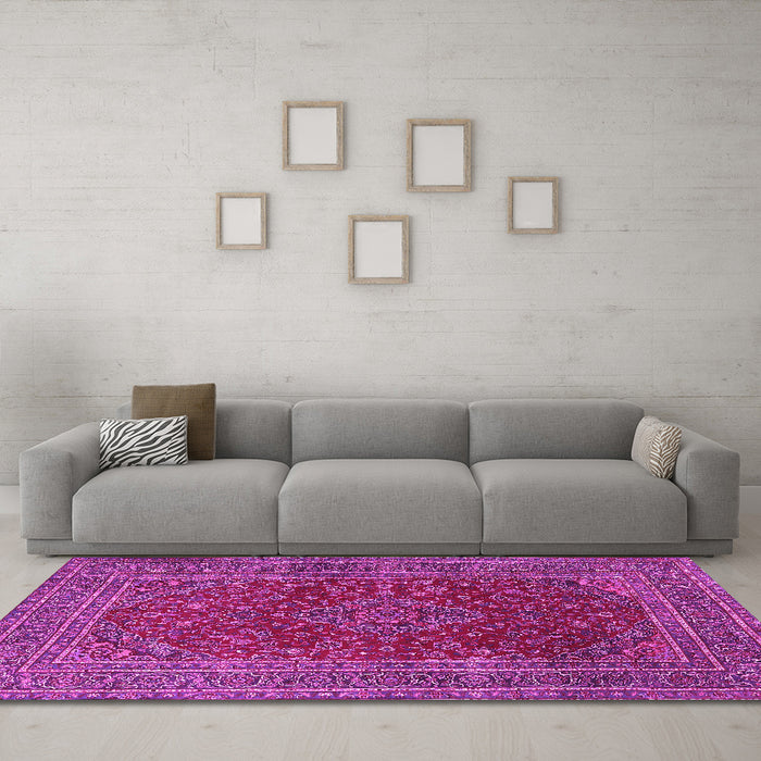 Machine Washable Medallion Pink Traditional Rug in a Living Room, wshtr1156pnk