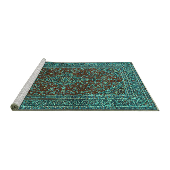 Sideview of Machine Washable Medallion Turquoise Traditional Area Rugs, wshtr1156turq