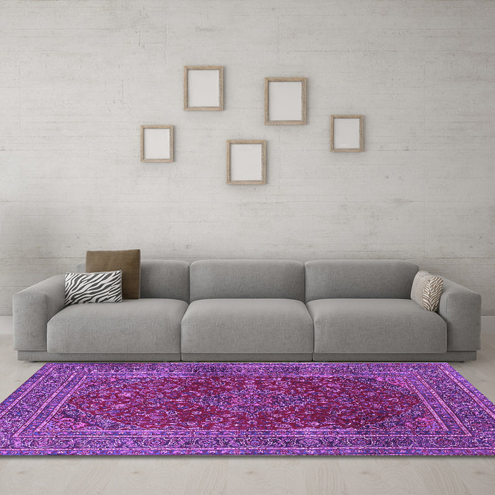 Machine Washable Medallion Purple Traditional Area Rugs in a Living Room, wshtr1156pur