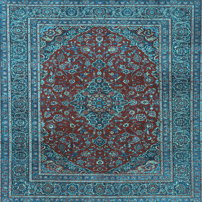 Square Machine Washable Medallion Light Blue Traditional Rug, wshtr1156lblu