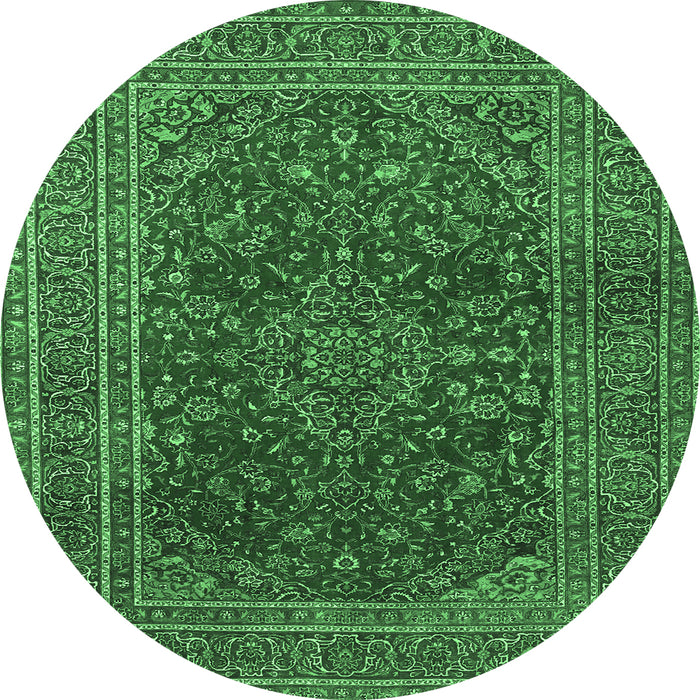 Round Machine Washable Medallion Emerald Green Traditional Area Rugs, wshtr1156emgrn