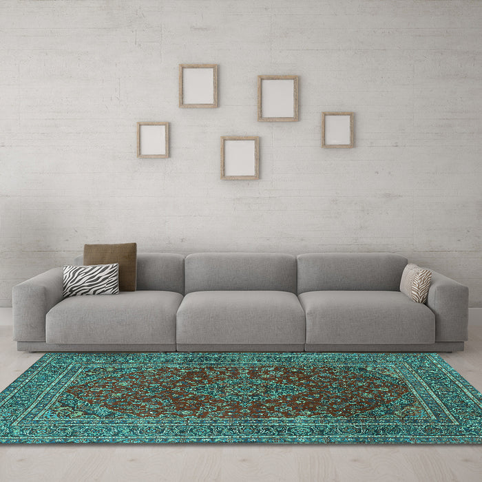 Machine Washable Medallion Turquoise Traditional Area Rugs in a Living Room,, wshtr1156turq