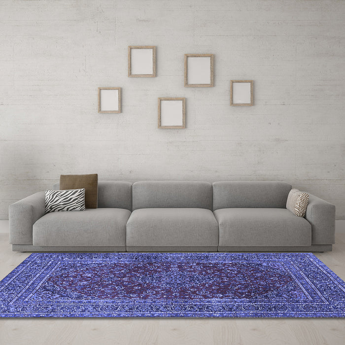 Machine Washable Medallion Blue Traditional Rug in a Living Room, wshtr1156blu