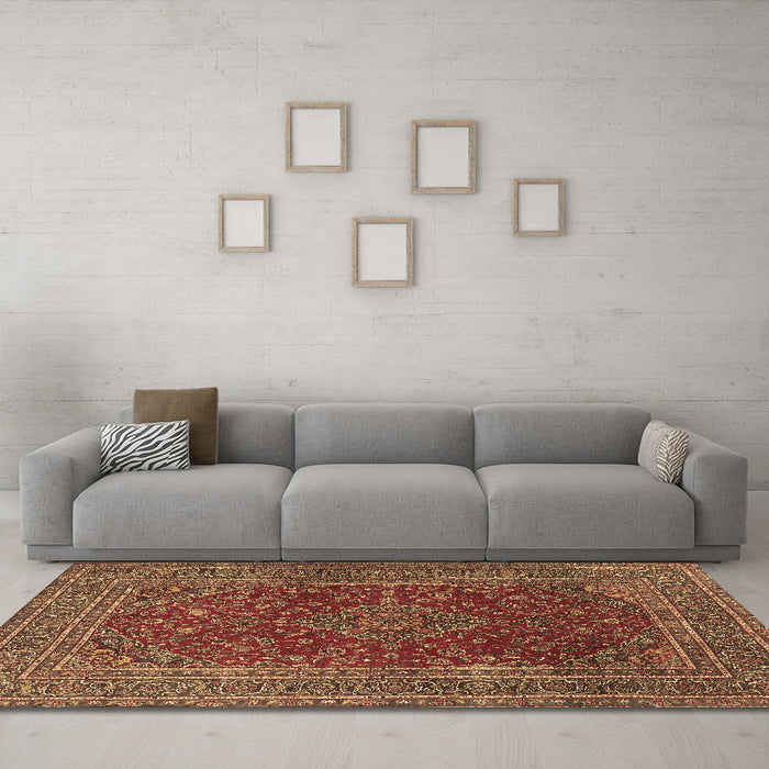 Machine Washable Medallion Brown Traditional Rug in a Living Room,, wshtr1156brn