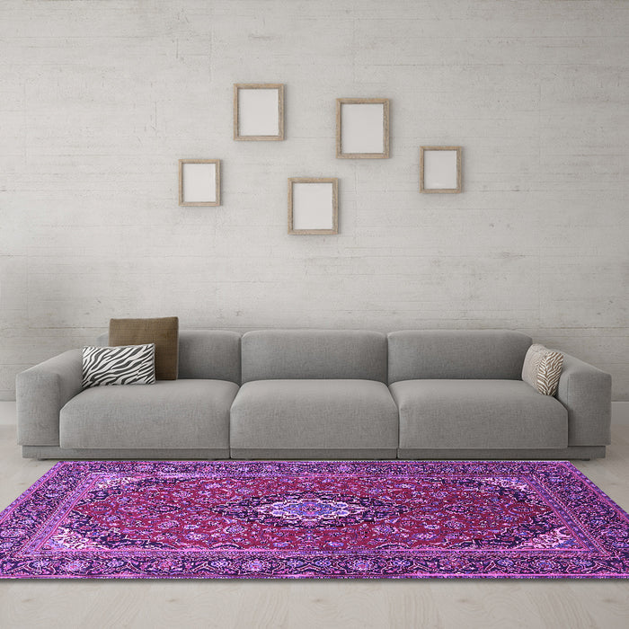 Machine Washable Medallion Purple Traditional Area Rugs in a Living Room, wshtr1157pur
