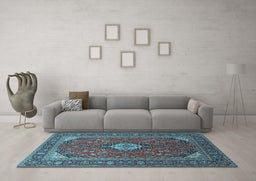 Machine Washable Medallion Light Blue Traditional Rug in a Living Room, wshtr1157lblu