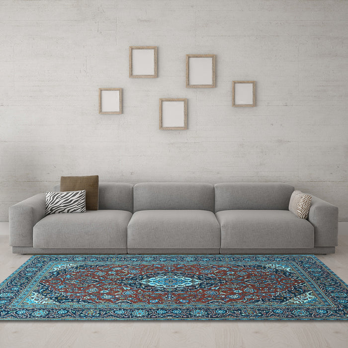 Machine Washable Medallion Light Blue Traditional Rug in a Living Room, wshtr1157lblu