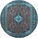 Round Machine Washable Medallion Light Blue Traditional Rug, wshtr1157lblu