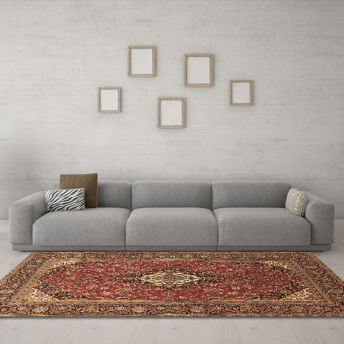 Machine Washable Medallion Brown Traditional Rug in a Living Room,, wshtr1157brn