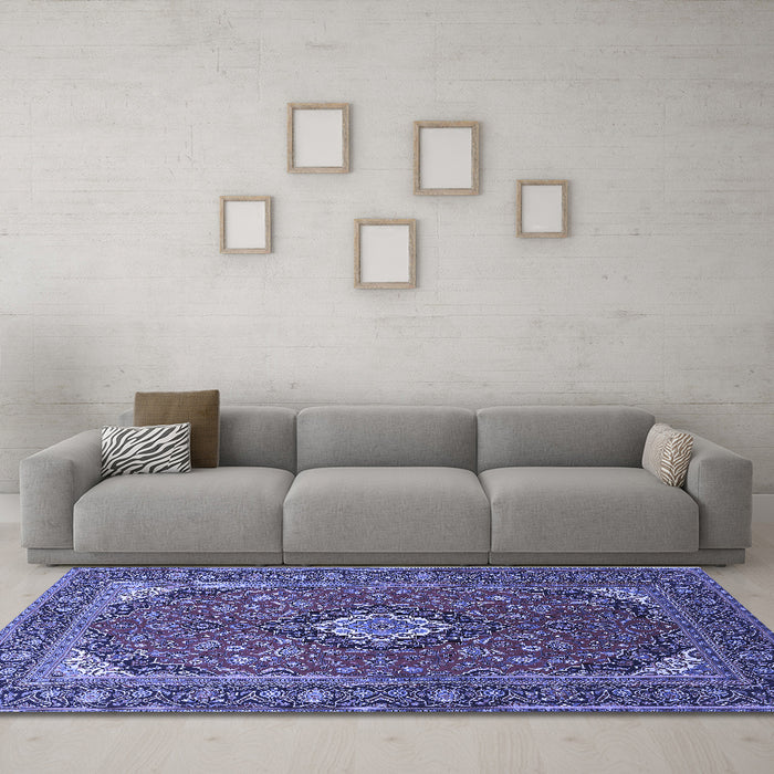 Machine Washable Medallion Blue Traditional Rug in a Living Room, wshtr1157blu