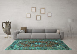 Machine Washable Medallion Turquoise Traditional Area Rugs in a Living Room,, wshtr1157turq