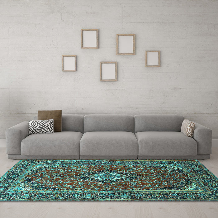 Machine Washable Medallion Turquoise Traditional Area Rugs in a Living Room,, wshtr1157turq