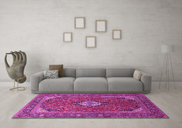 Machine Washable Medallion Pink Traditional Rug in a Living Room, wshtr1157pnk
