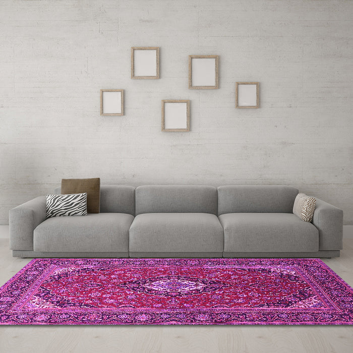 Machine Washable Medallion Pink Traditional Rug in a Living Room, wshtr1157pnk