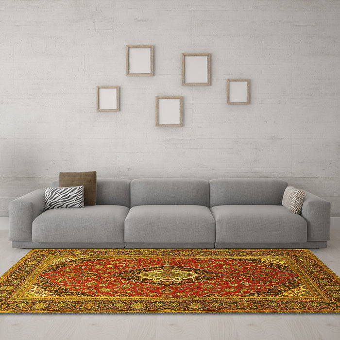 Machine Washable Medallion Yellow Traditional Rug in a Living Room, wshtr1157yw
