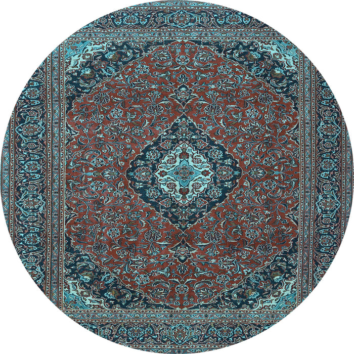 Round Machine Washable Medallion Light Blue Traditional Rug, wshtr1158lblu