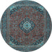 Round Machine Washable Medallion Light Blue Traditional Rug, wshtr1158lblu