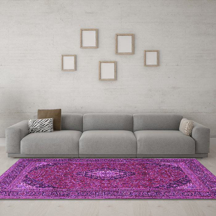 Machine Washable Medallion Purple Traditional Area Rugs in a Living Room, wshtr1158pur