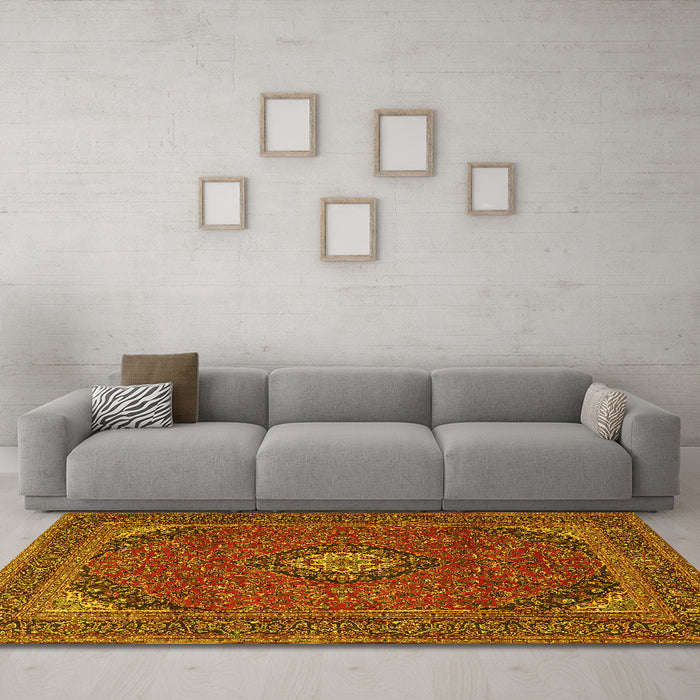Machine Washable Medallion Yellow Traditional Rug in a Living Room, wshtr1158yw
