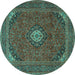 Round Machine Washable Medallion Turquoise Traditional Area Rugs, wshtr1158turq
