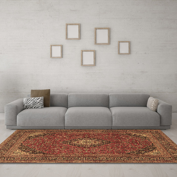 Machine Washable Medallion Brown Traditional Rug in a Living Room,, wshtr1158brn