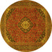 Round Machine Washable Medallion Yellow Traditional Rug, wshtr1158yw