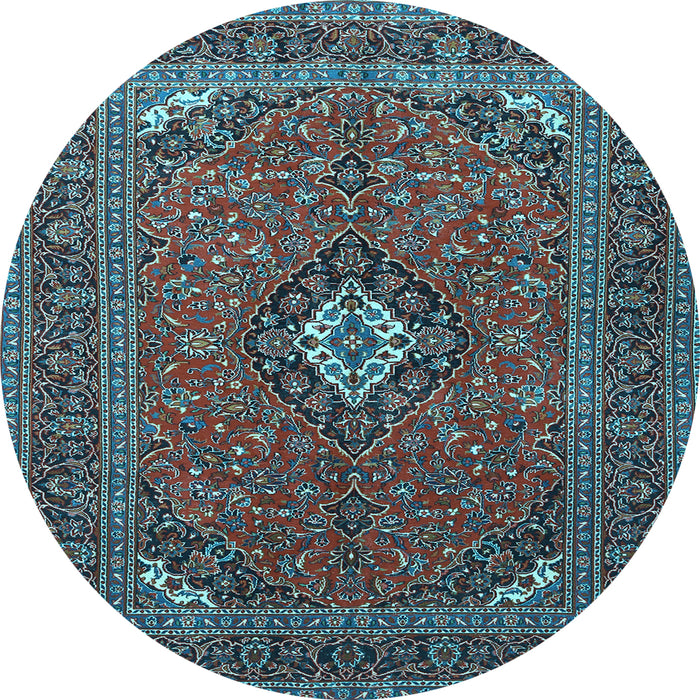 Round Machine Washable Medallion Light Blue Traditional Rug, wshtr1159lblu
