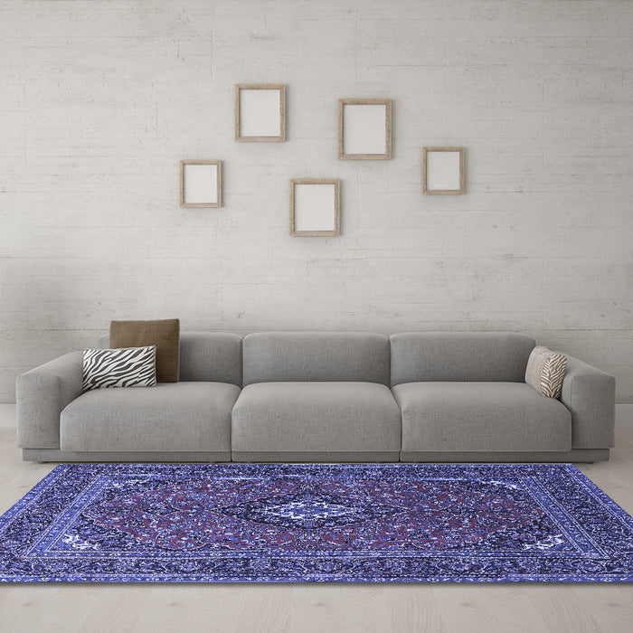 Machine Washable Medallion Blue Traditional Rug in a Living Room, wshtr1159blu