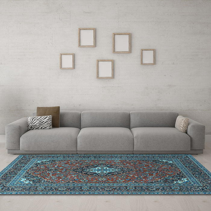 Machine Washable Medallion Light Blue Traditional Rug in a Living Room, wshtr1159lblu