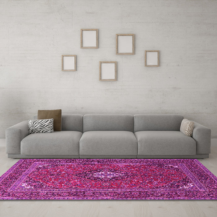 Machine Washable Medallion Pink Traditional Rug in a Living Room, wshtr1159pnk