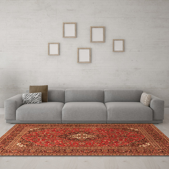 Machine Washable Medallion Orange Traditional Area Rugs in a Living Room, wshtr1159org