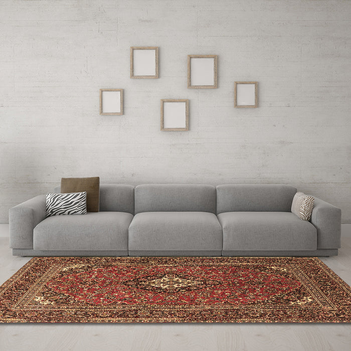 Machine Washable Medallion Brown Traditional Rug in a Living Room,, wshtr1159brn