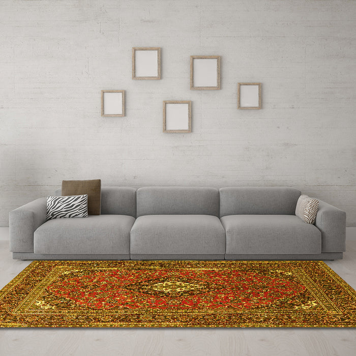 Machine Washable Medallion Yellow Traditional Rug in a Living Room, wshtr1159yw