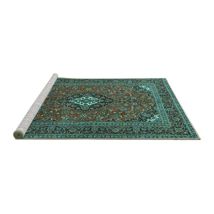 Sideview of Machine Washable Medallion Turquoise Traditional Area Rugs, wshtr1159turq