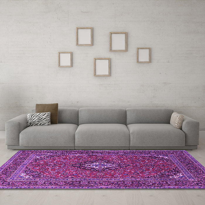 Machine Washable Medallion Purple Traditional Area Rugs in a Living Room, wshtr1159pur