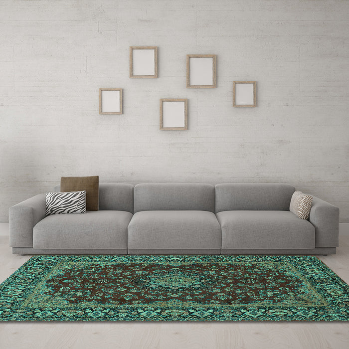 Machine Washable Medallion Turquoise Traditional Area Rugs in a Living Room,, wshtr115turq