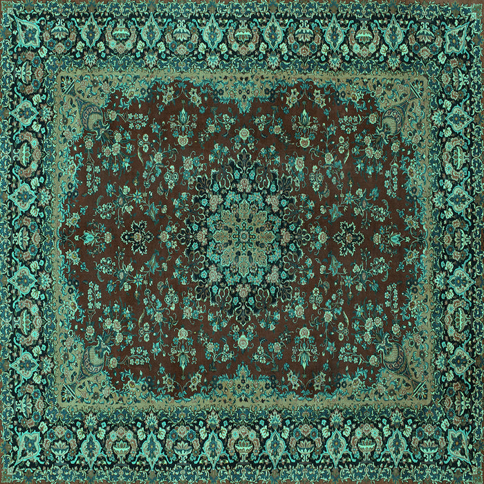 Square Machine Washable Medallion Turquoise Traditional Area Rugs, wshtr115turq