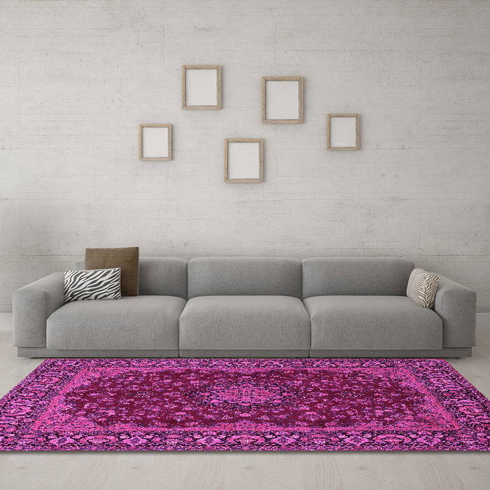 Machine Washable Medallion Pink Traditional Rug in a Living Room, wshtr115pnk