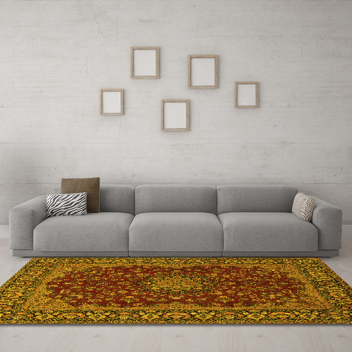Machine Washable Medallion Yellow Traditional Rug in a Living Room, wshtr115yw